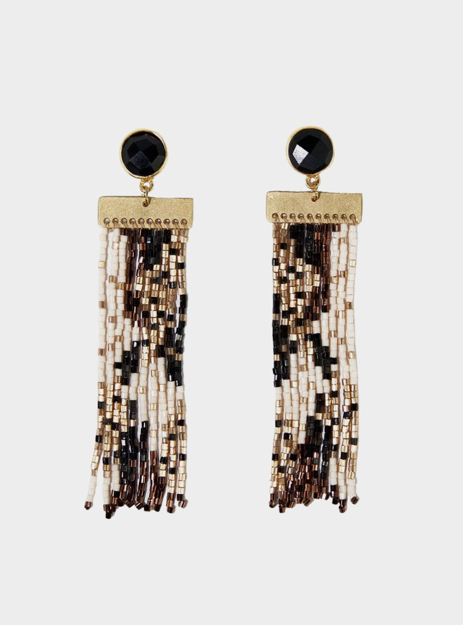 Gigi Beaded Fringe Earrings - Black/White