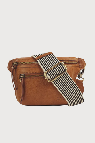 Beck Crossbody Bag/Fanny Pack - Cognac Stromboli Leather with Checkered Strap