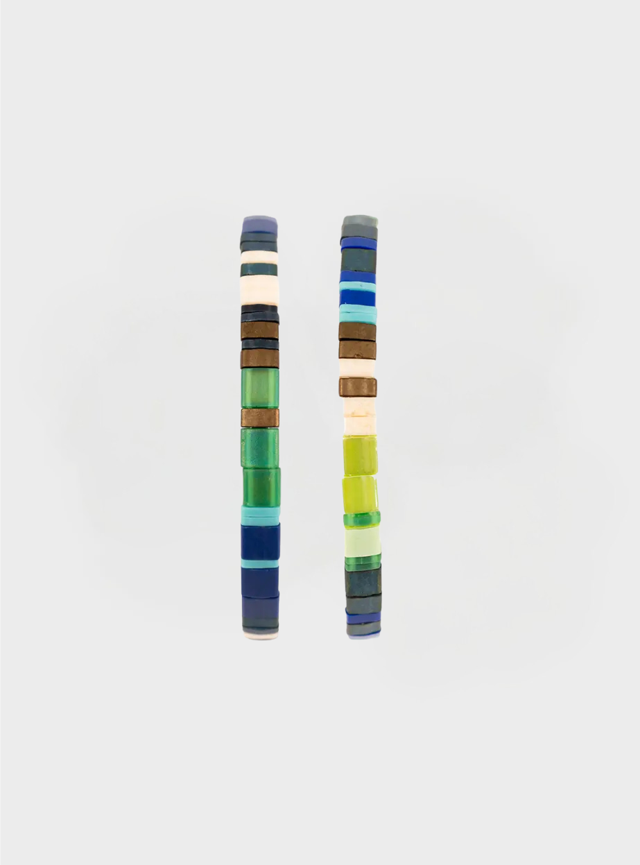 Handmade Bead Stretch Bracelet Set (2) - Green Denim