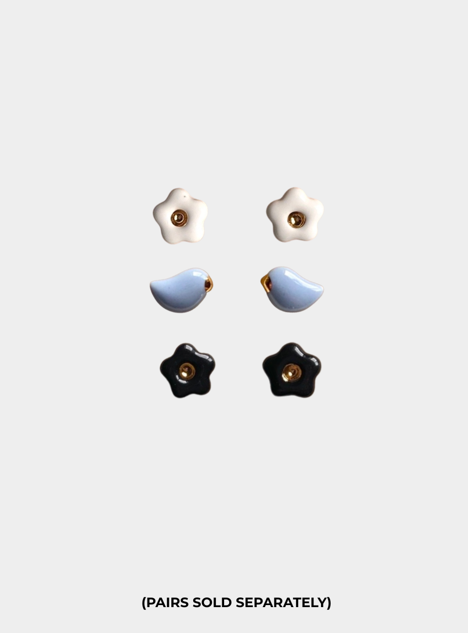 Ellie Parker Ceramic Earrings -  White Flowers OR Blue Birds OR Black Flowers (pairs sold separately)