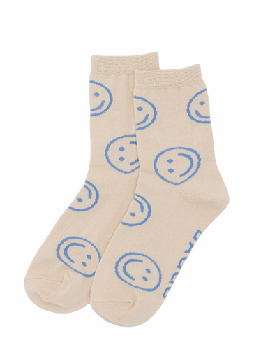 Crew Sock - Ecru Periwinkle Happy