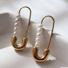 Safety Pin Pearl Earrings - Gold