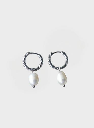 Twisted Hoop Pearl Earrings - Silver