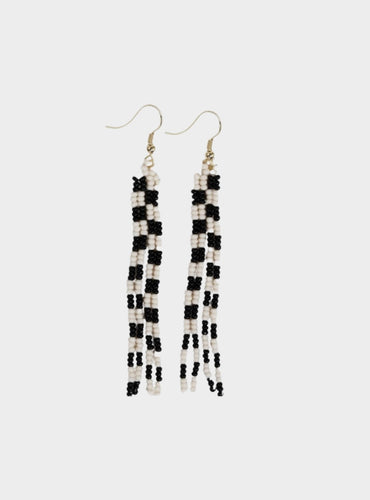 June Mini Checked Pattern Petite Beaded Fringe Earrings - Black/White