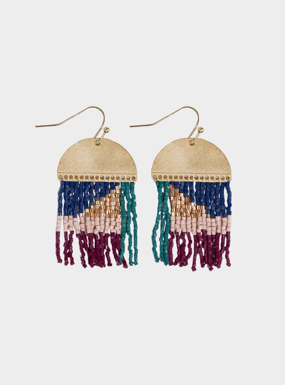 Birdie Abstract Beaded Fringe Earrings - Teal