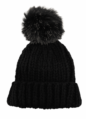Chunky Fur Pom Hat - Black