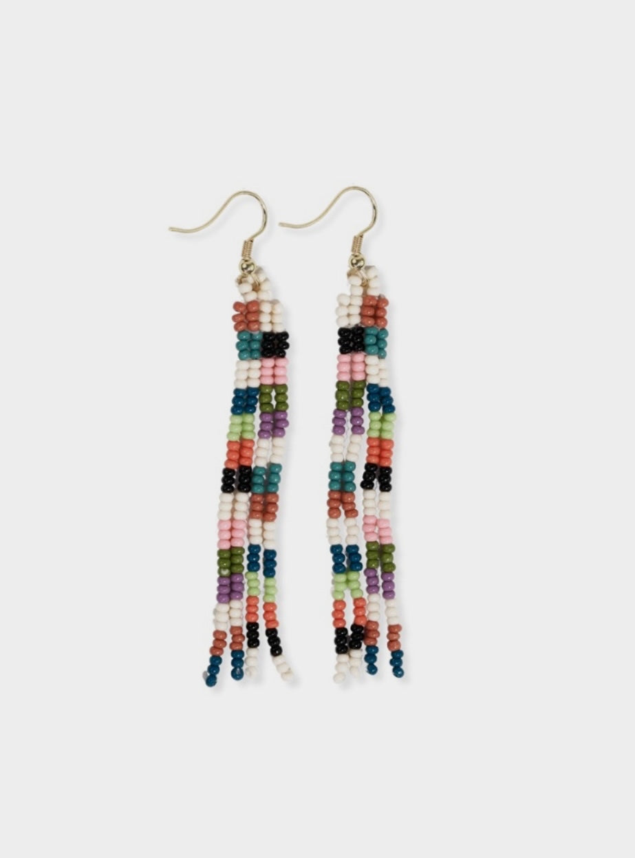 June Mini Checked Pattern Petite Beaded Fringe Earrings - Multi-Check