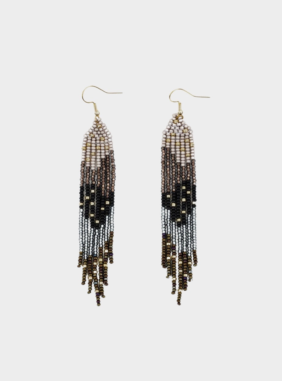 Laila Gold Speck Fringe Bead Earrings - Moody Taupe