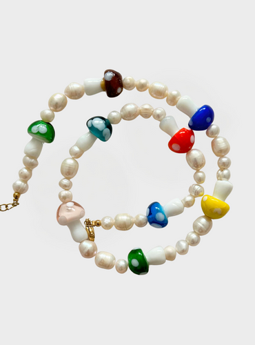 Glass Mushroom + Pearl Beaded Necklace