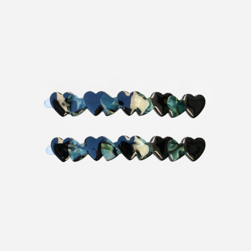 Eco Acetate Heart Hair Pins - Set of 2 - Black/Green Marble