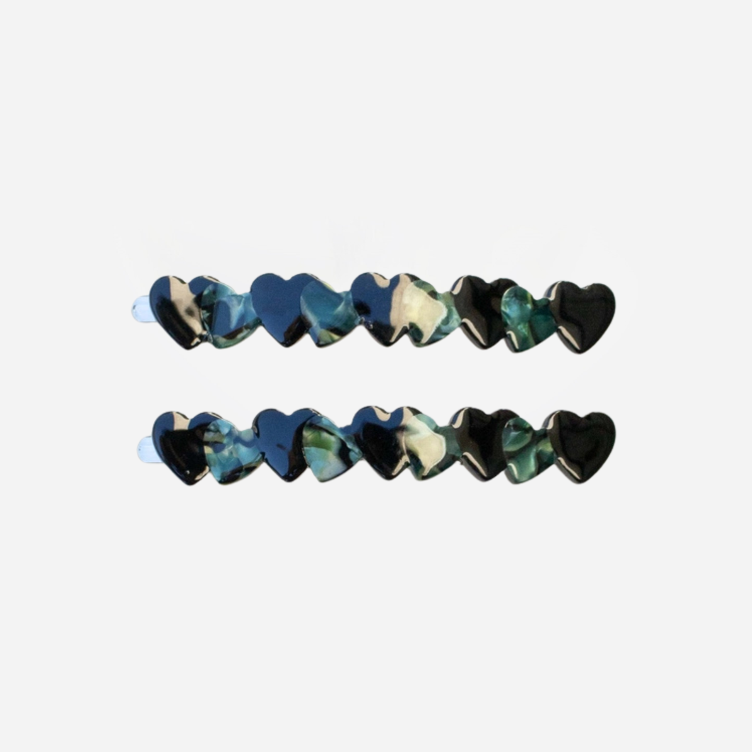 Eco Acetate Heart Hair Pins - Set of 2 - Black/Green Marble