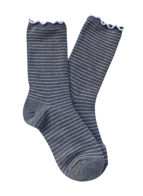 Lena Ruffle Striped Crew Socks - Grey