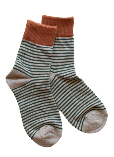Two Tone Striped Socks - Rust/Forest/Mocha