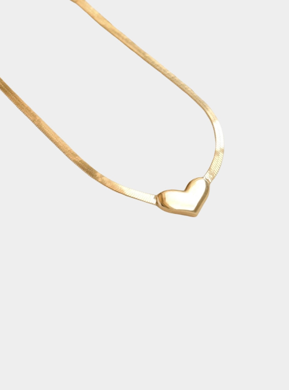 Mini Heart Herringbone Chain Necklace - Gold