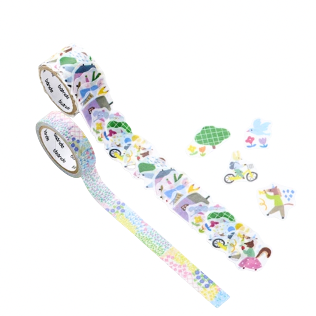 Washi Tape Sticker Roll + Tape - Animal Town + Flower Garden