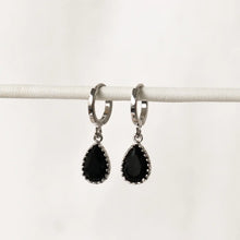 Black Drop Huggie Hoop Earrings - Silver