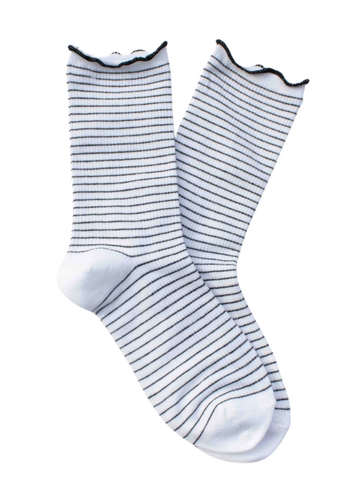 Lena Ruffle Striped Crew Socks - White