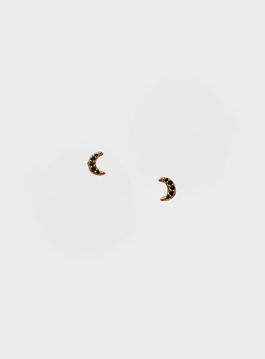 Mini Black Crescent Moon Stud Earrings - Gold