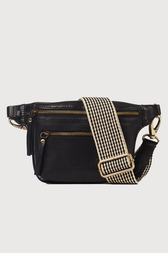 Beck Crossbody Bag/Fanny Pack - Black Stromboli Leather with Checkered Strap