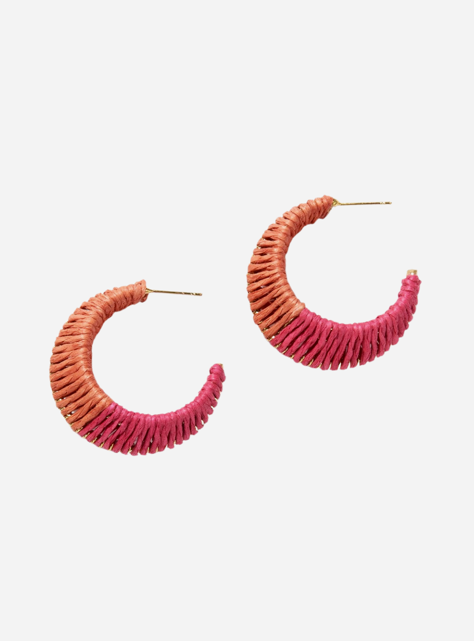 Coral Hot Pink Raffia Wrapped Hoop Earrings